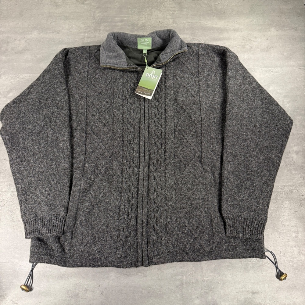 Aran Woollen Mills Cardigan Mens L Lined Shetland Zipper Charcoal Grey NEW $150
